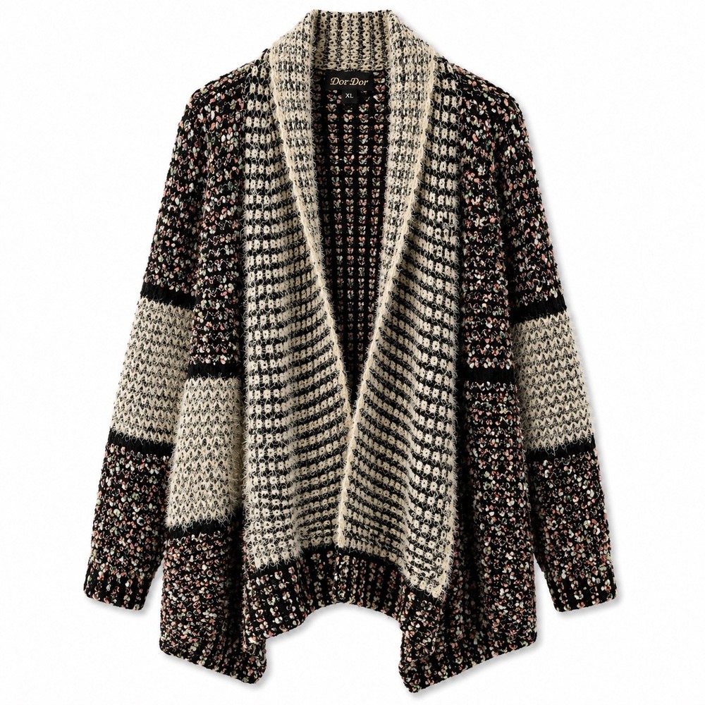 Dor Dor Women XL Multicolor Mixed Knit Open Front Cardigan Shawl Collar Sweater